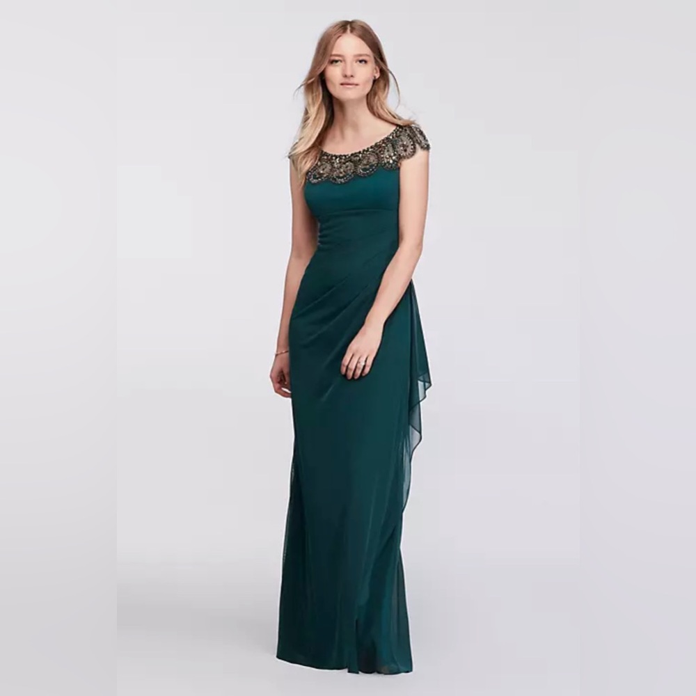 Long Cap Sleeve Party Dress with Beaded Neckline/ Prom Dress- Size 4